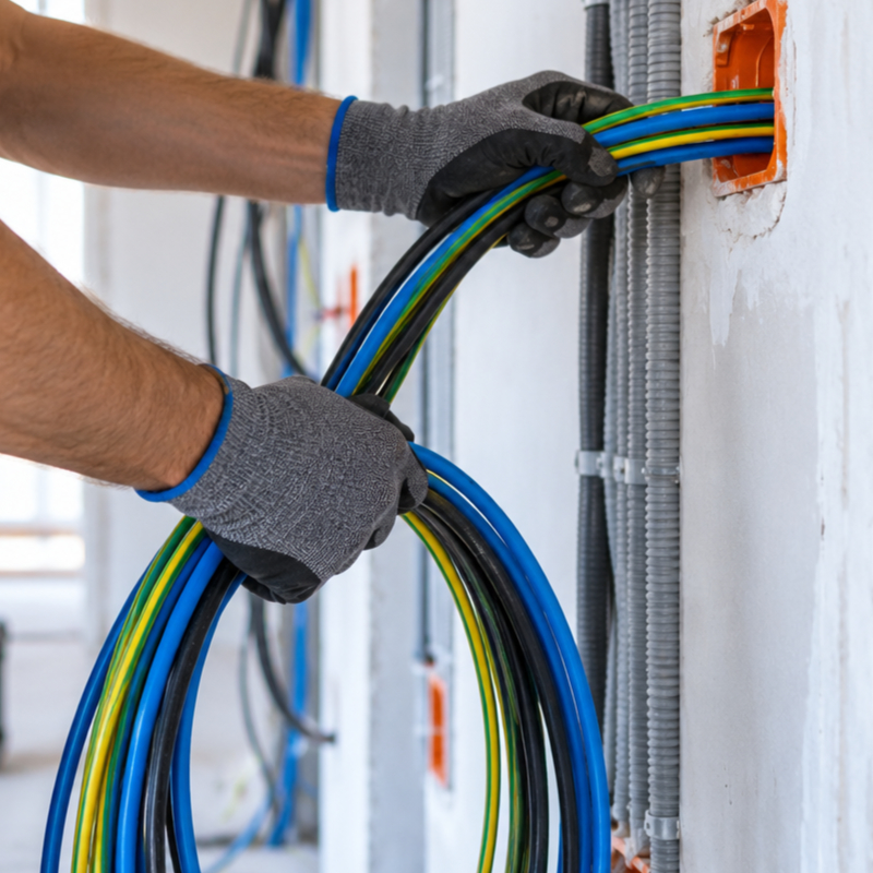 Electricista pasando cables eléctricos por una instalación en una vivienda de Castelldefels