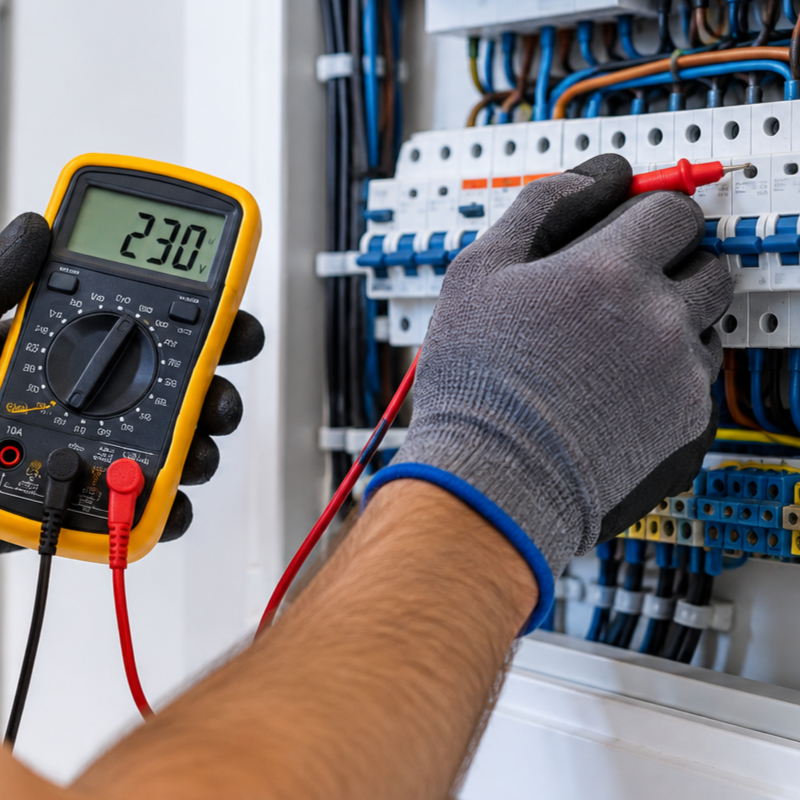 Electricista revisando un cuadro eléctrico con un multímetro durante trabajos de mantenimiento eléctrico